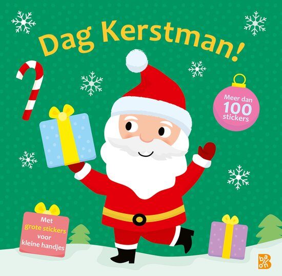 Vrolijke cover met een lachende kerstman die cadeautjes uitdeelt in een speels stickerboek voor peuters.